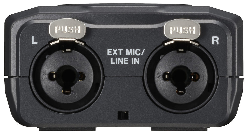 Recorder back panel with EXT MIC/LINE IN L and R ports, black housing.
