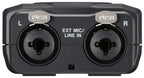 Recorder back panel with EXT MIC/LINE IN L and R ports, black housing.