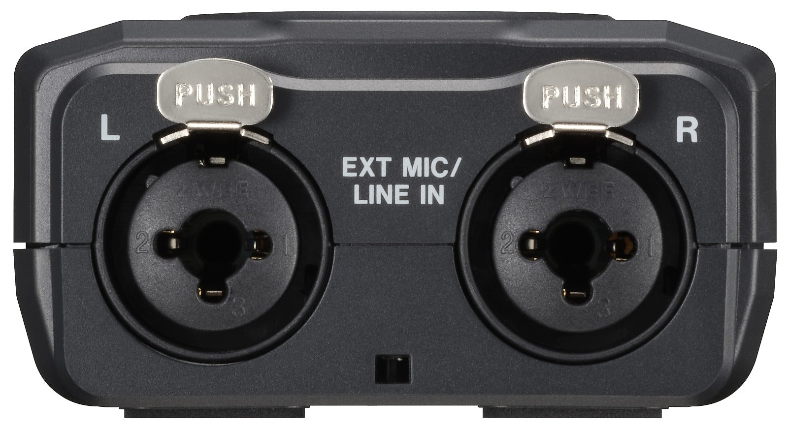 Recorder back panel with EXT MIC/LINE IN L and R ports, black housing.