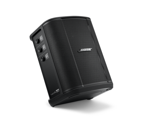 Portable Bluetooth speaker angled view with top controls and BOSE logo, black.