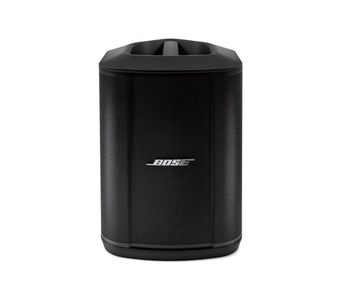 Portable Bluetooth speaker, black cylindrical grille with BOSE logo on front.
