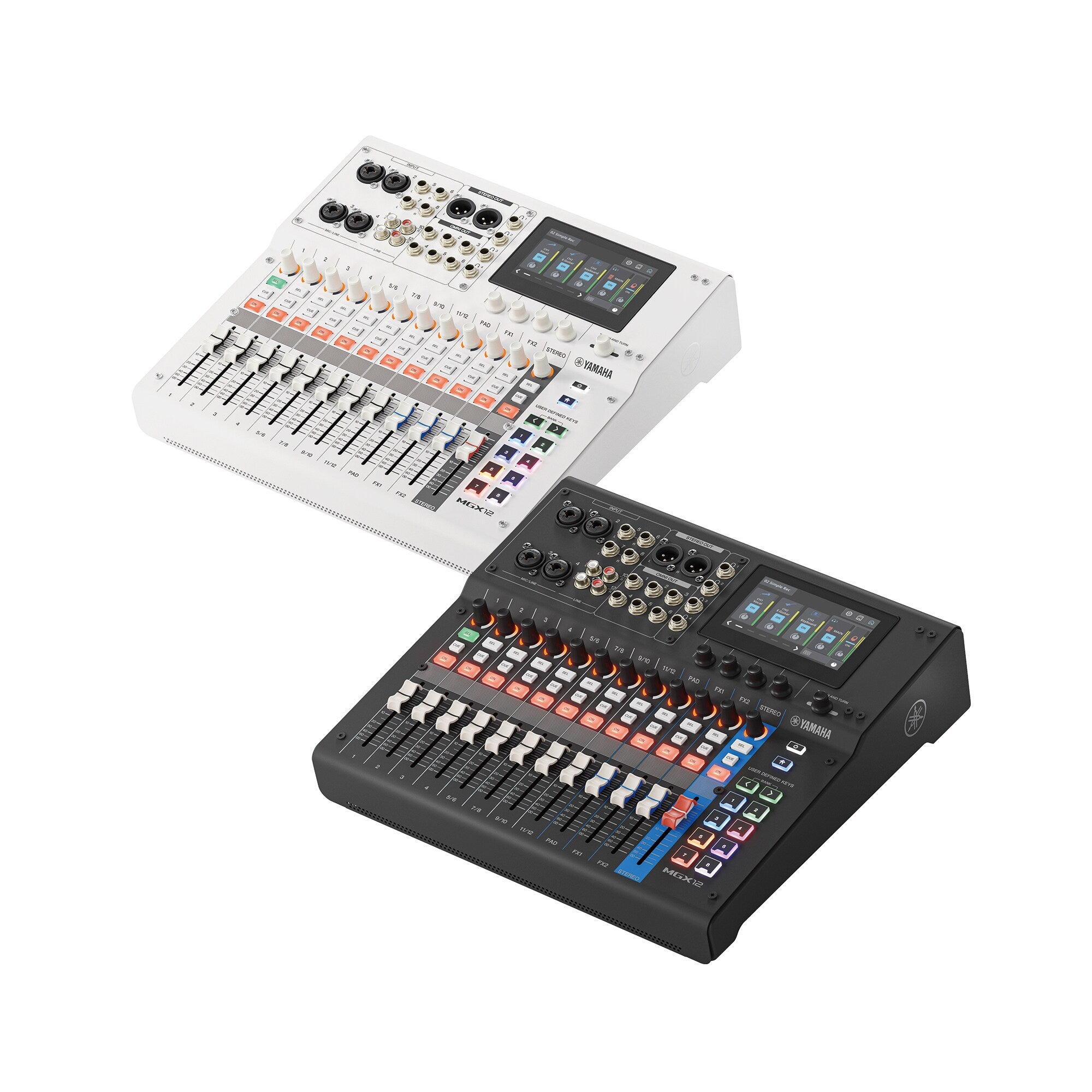 18-channel digital mixing console with color display; white and black units