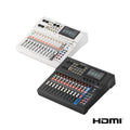 White and black digital mixing consoles, showing top panels with faders and displays; HDMI