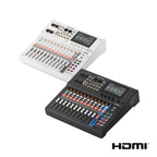 White and black digital mixing consoles, showing top panels with faders and displays; HDMI
