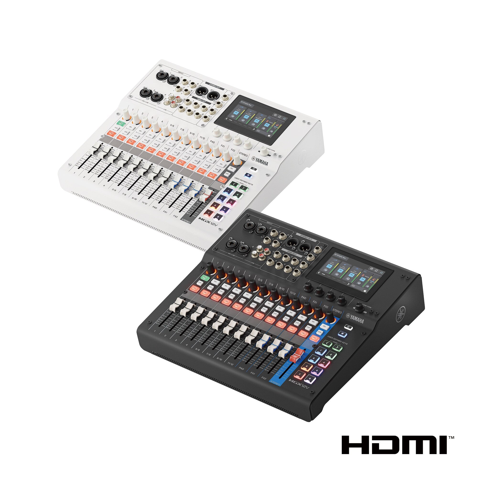 White and black digital mixing consoles, showing top panels with faders and displays; HDMI