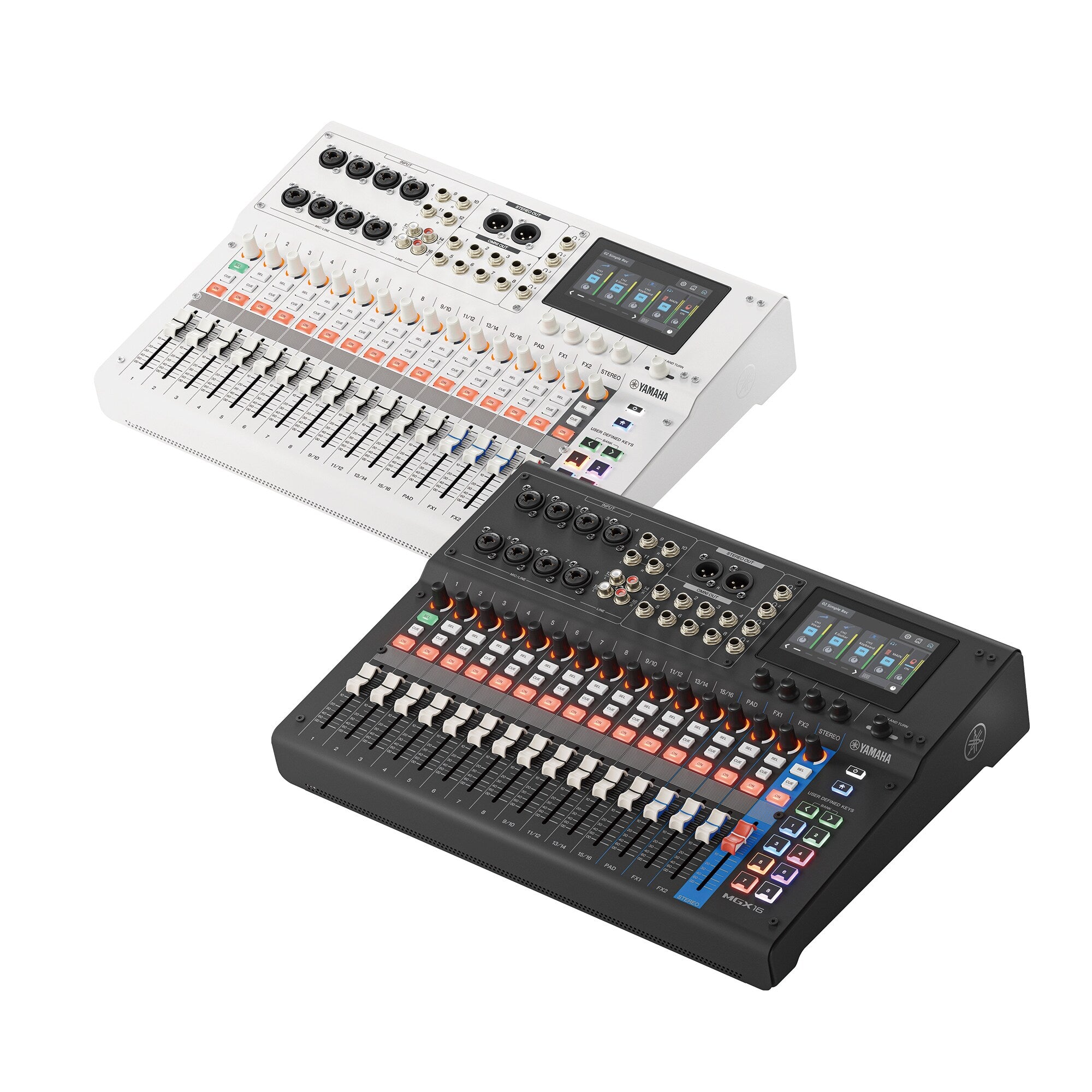 White 22-channel digital mixing console with knobs, faders, and built-in display