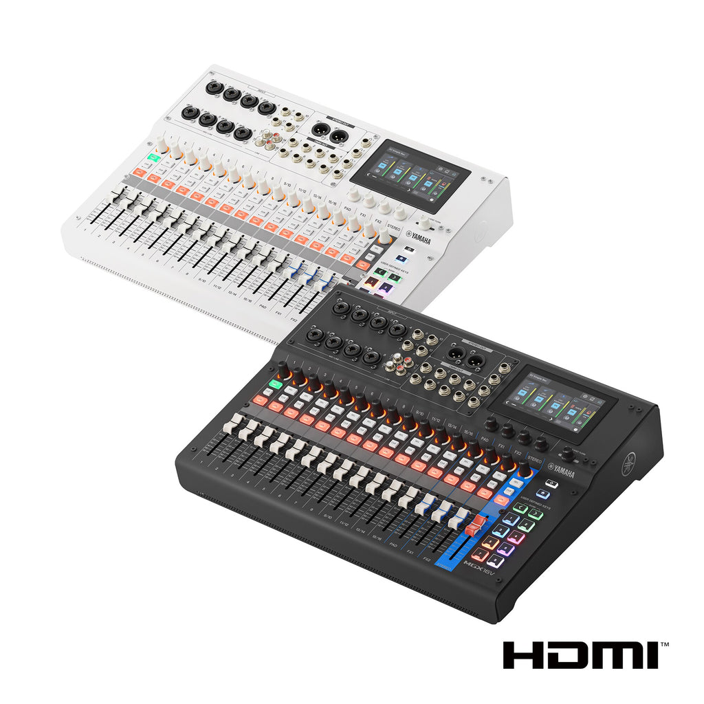 22-channel digital mixing console with video interface, white and black with faders and display