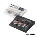 22-channel digital mixing console with video interface, white and black with faders and display